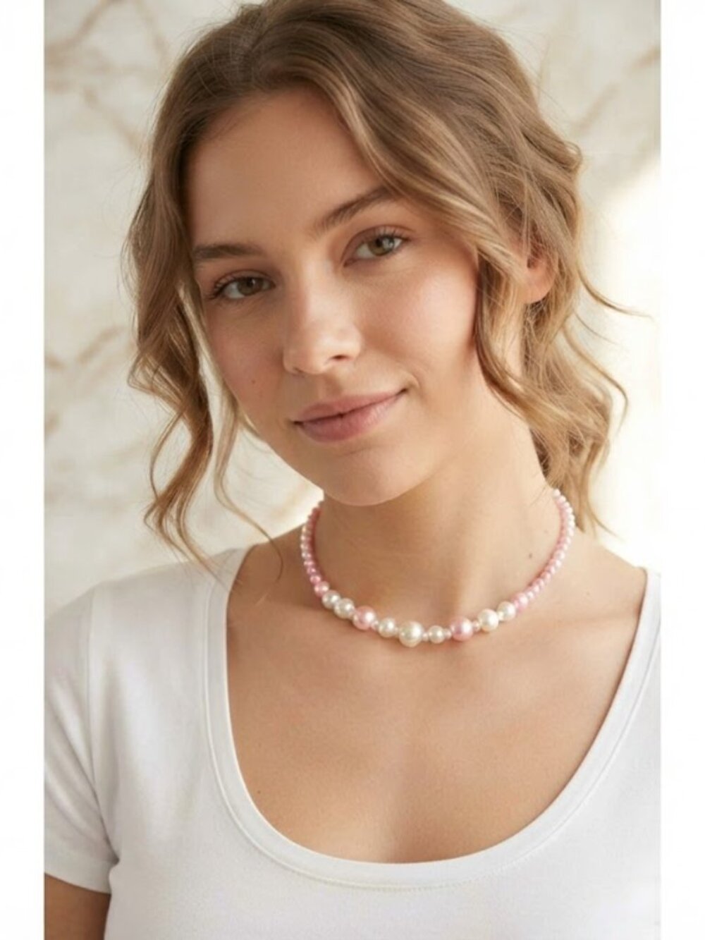 Handmade Pink and White Faux Pearl‎ Beaded Choker Necklace 16 Inch